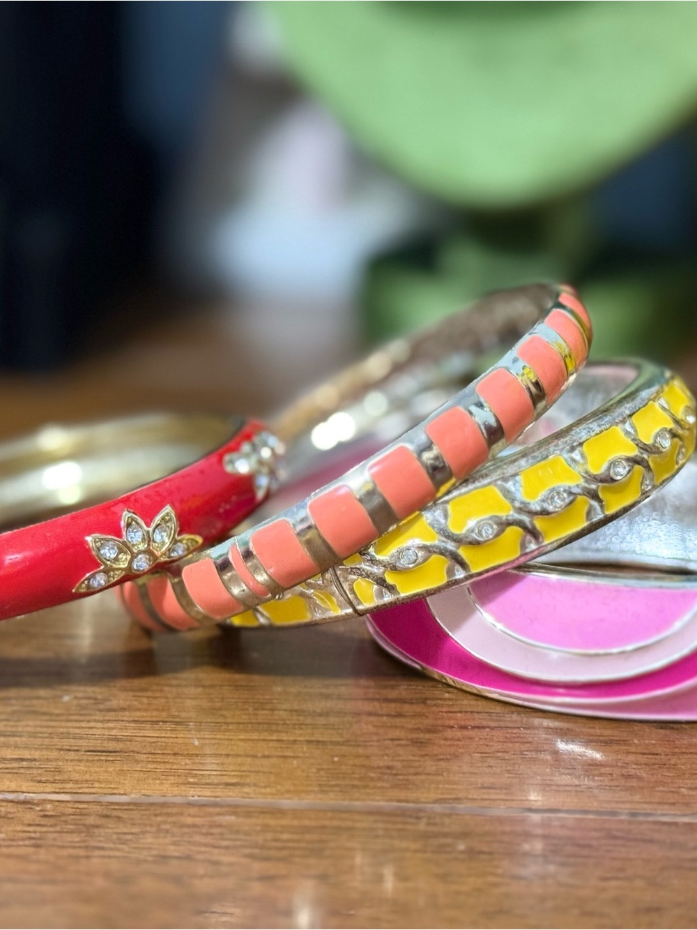 Lot of 4 Enamel Bangle Bracelets DuffRed Flower, Yellow, Orange & Pink Bracelet
